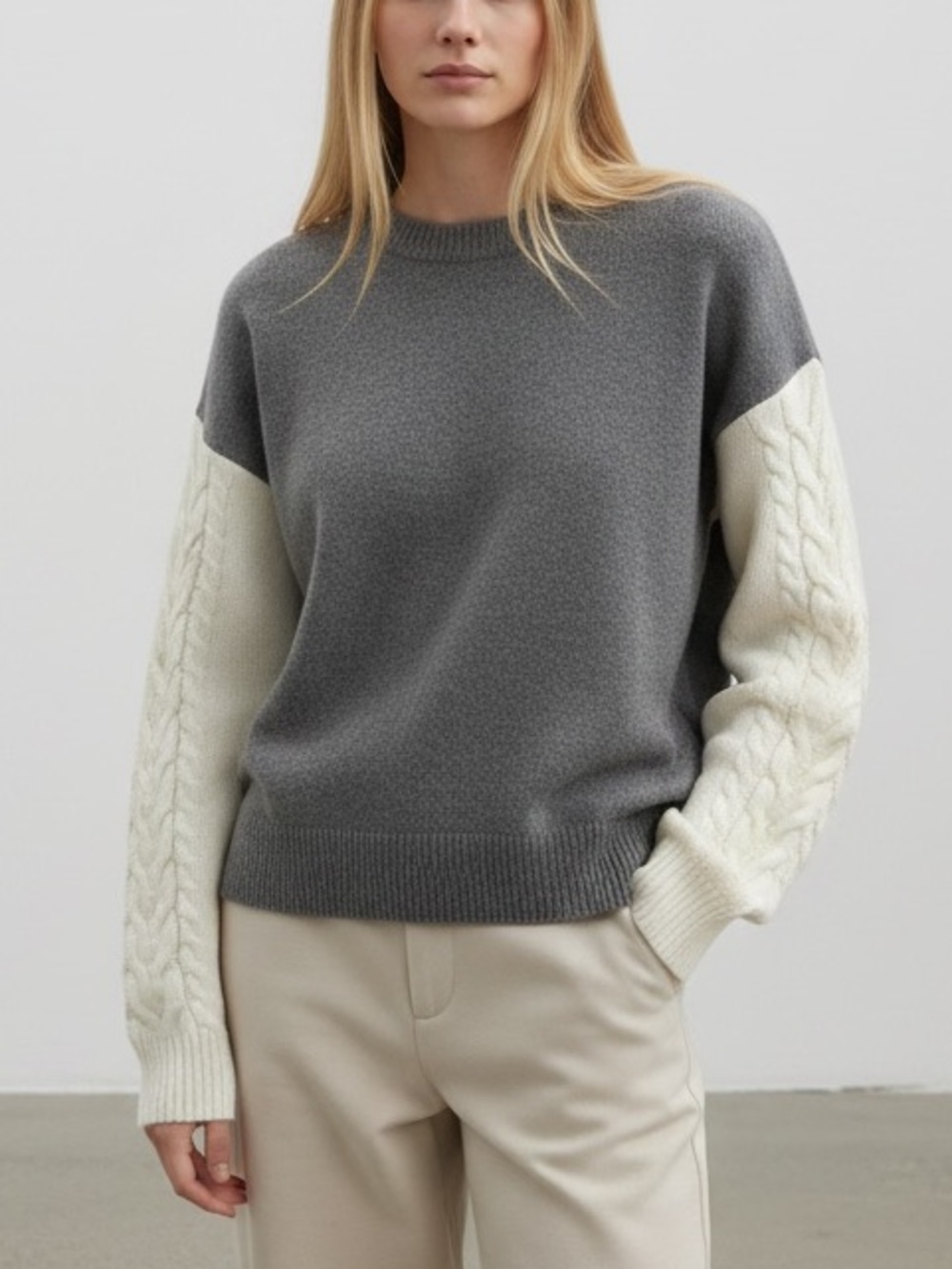 MAUDE VIVANTE | Women Grey & Cream Colorblock Cable Knit Sleeves Sweater size XS